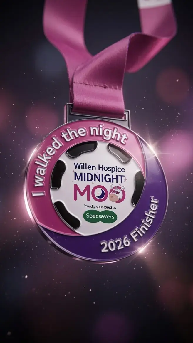 Midnight Moo UV printed and enamel filled finisher medal for Willen Hospice