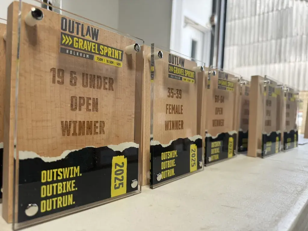 Outlaw Gravel Sprint hybrid acrylic and wood trophies