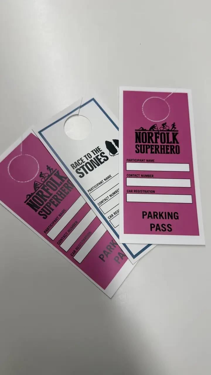 Hanging parking passes for Norfolk Superhero and Race to the Stones