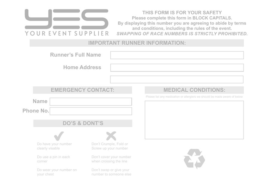 Medical form printed on the reverse of a YES race number